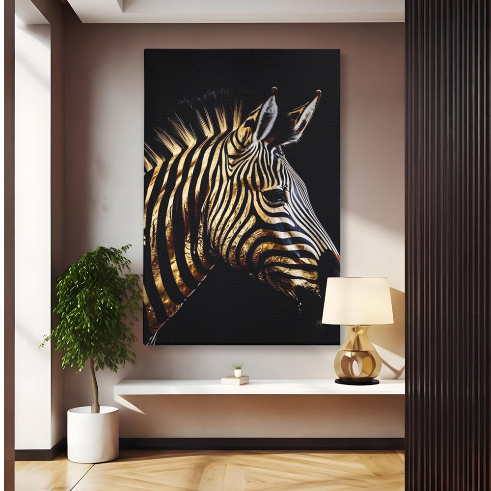 Tablou canvas cu tablou canvas cu cap de zebra aurie, fara rama, pe sasiu de lemn