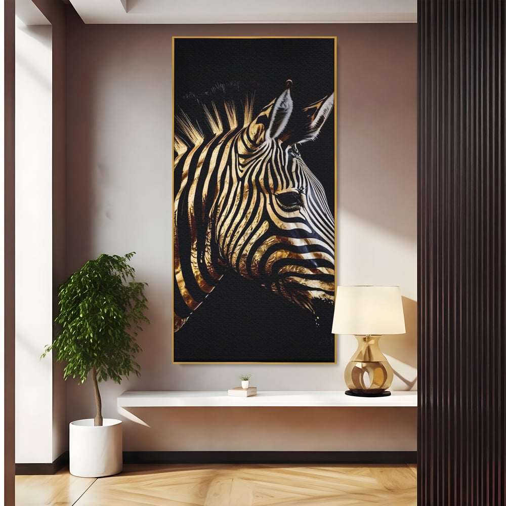 Tablou canvas cu tablou canvas cu cap de zebra aurie, in rama de aluminiu auriu