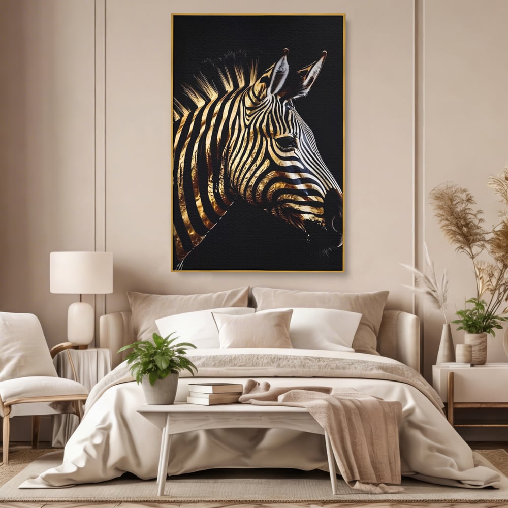 Tablou canvas cu tablou canvas cu cap de zebra aurie, in rama de aluminiu auriu, pe perete intr-un dormitor