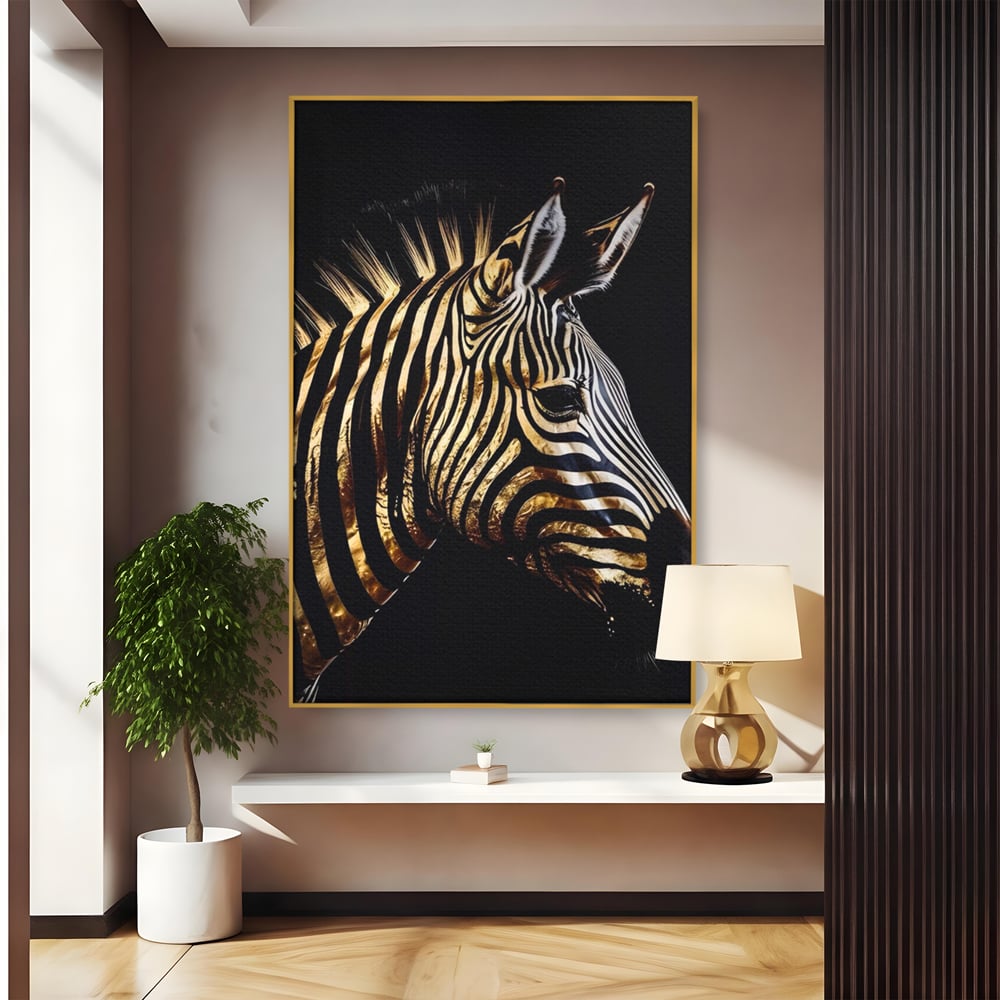 Tablou canvas cu tablou canvas cu cap de zebra aurie, in rama de aluminiu auriu