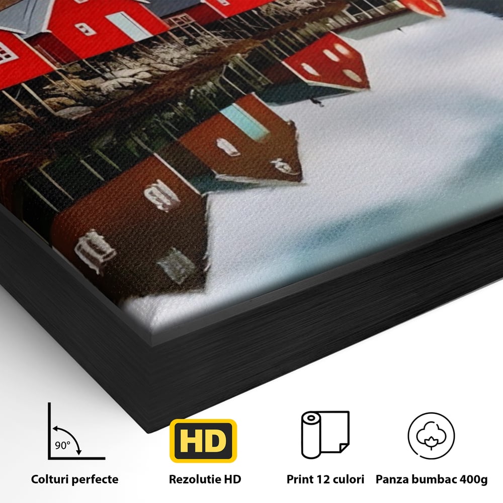 Detaliu al suprafetei: tablou canvas cu cabane rosii, in rama de aluminiu negru