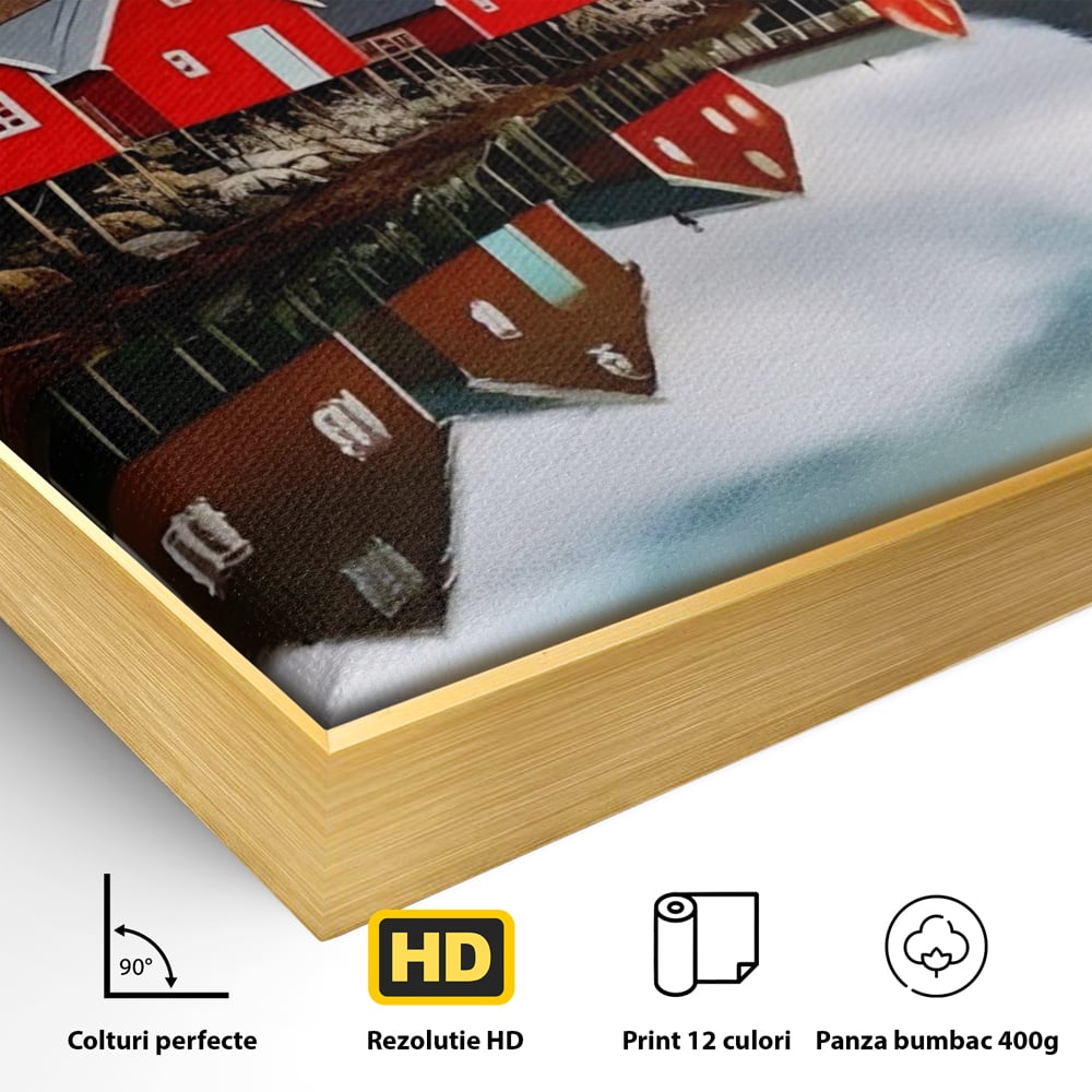 Detaliu al suprafetei: tablou canvas cu cabane rosii, in rama de aluminiu auriu