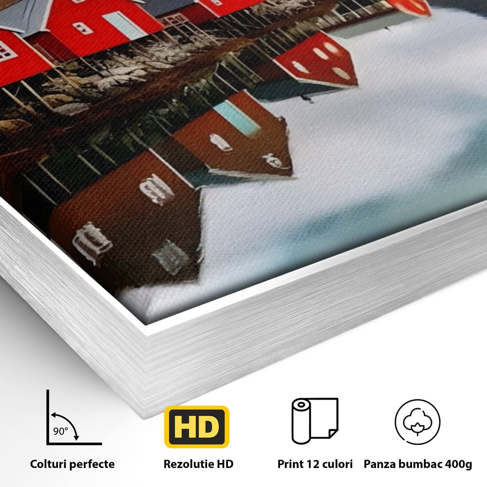 Detaliu al suprafetei: tablou canvas cu cabane rosii, in rama de aluminiu argintiu