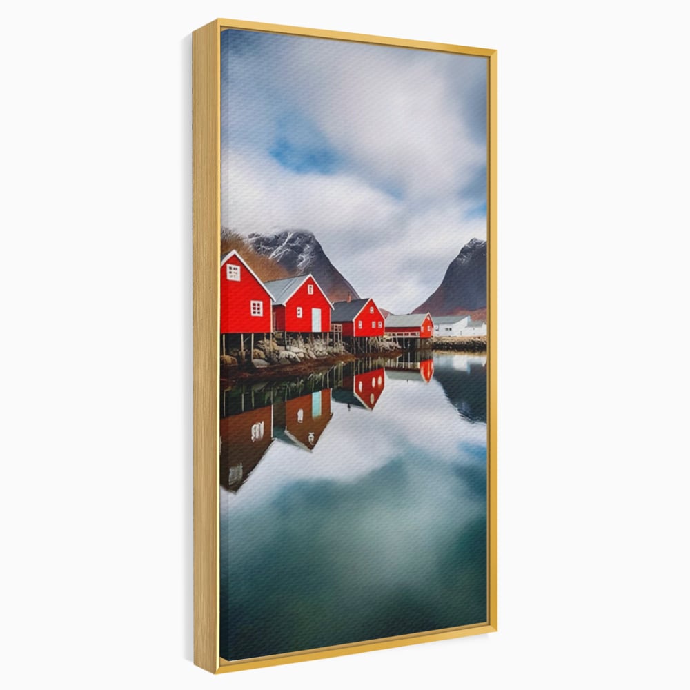 Tablou canvas cu tablou canvas cu cabane rosii, in rama de aluminiu auriu