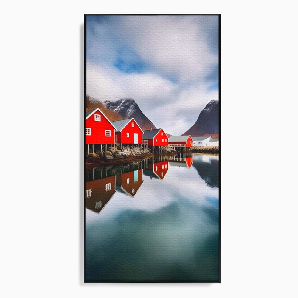 Tablou canvas cu tablou canvas cu cabane rosii, in rama de aluminiu negru