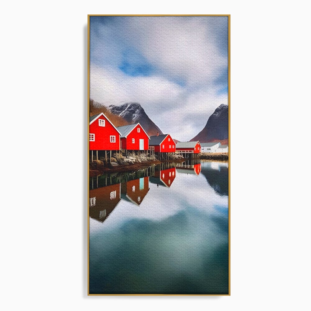 Tablou canvas cu tablou canvas cu cabane rosii, in rama de aluminiu auriu