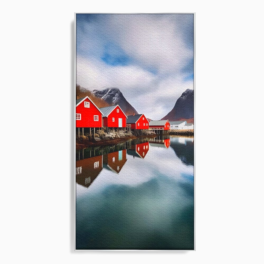 Tablou canvas cu tablou canvas cu cabane rosii, in rama de aluminiu argintiu