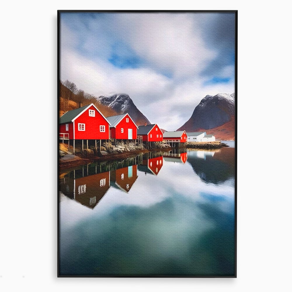 Tablou canvas cu tablou canvas cu cabane rosii, in rama de aluminiu negru