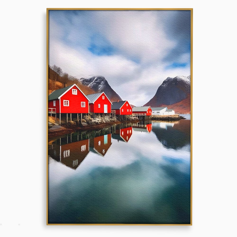 Tablou canvas cu tablou canvas cu cabane rosii, in rama de aluminiu auriu