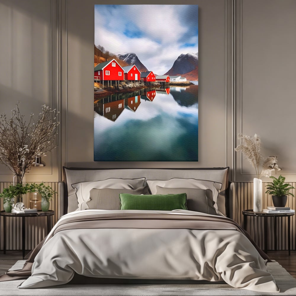 Tablou canvas cu tablou canvas cu cabane rosii, fara rama, pe sasiu de lemn, pe perete intr-un dormitor