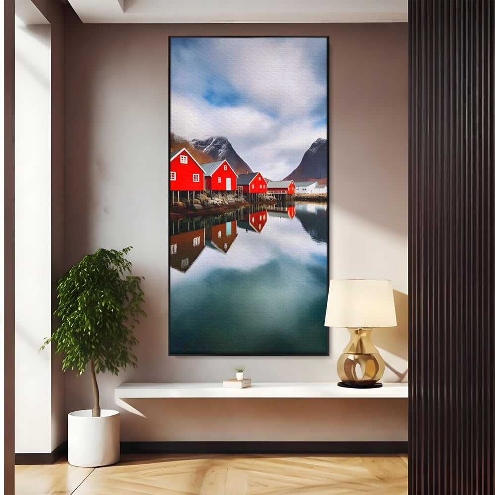 Tablou canvas cu tablou canvas cu cabane rosii, in rama de aluminiu negru
