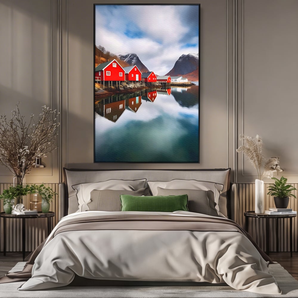 Tablou canvas cu tablou canvas cu cabane rosii, in rama de aluminiu negru, pe perete intr-un dormitor