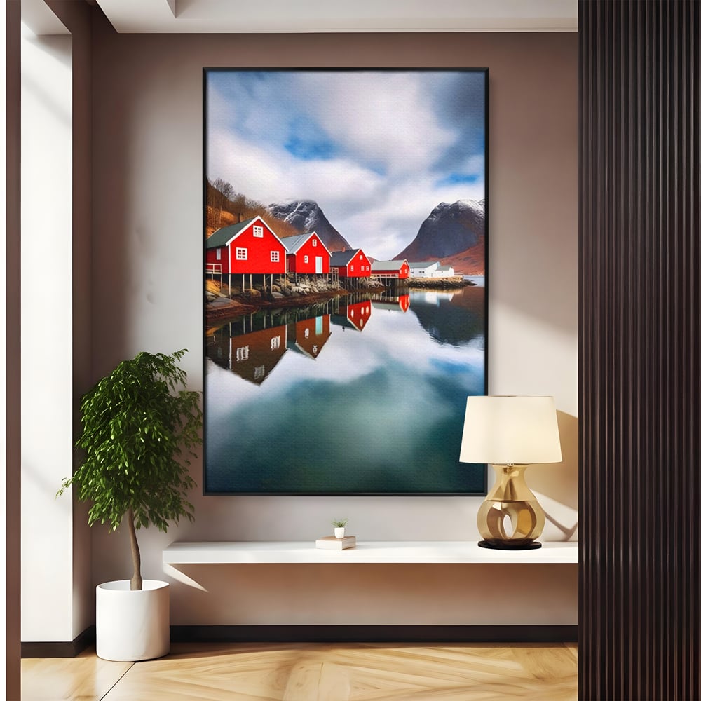 Tablou canvas cu tablou canvas cu cabane rosii, in rama de aluminiu negru