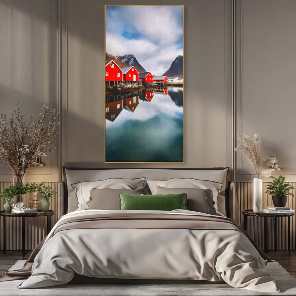 Tablou canvas cu tablou canvas cu cabane rosii, in rama de aluminiu auriu, pe perete intr-un dormitor