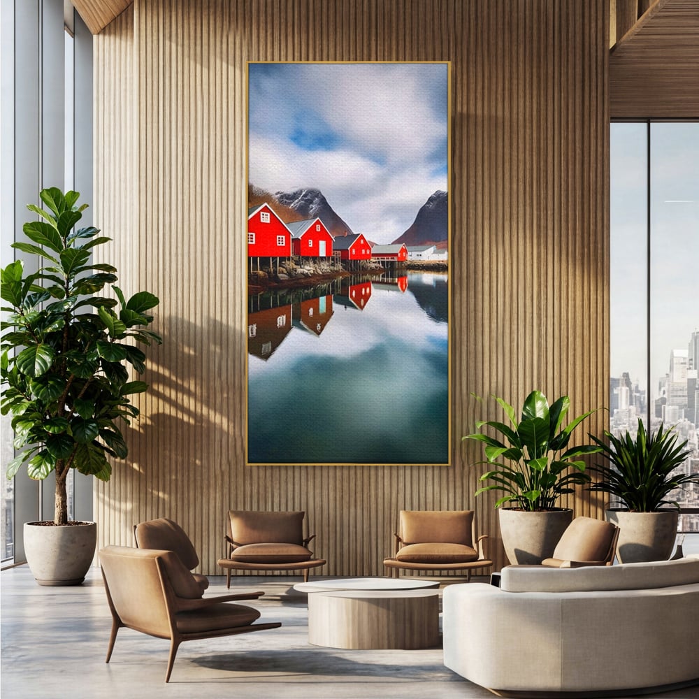 Tablou canvas cu tablou canvas cu cabane rosii, in rama de aluminiu auriu, pe perete intr-un birou