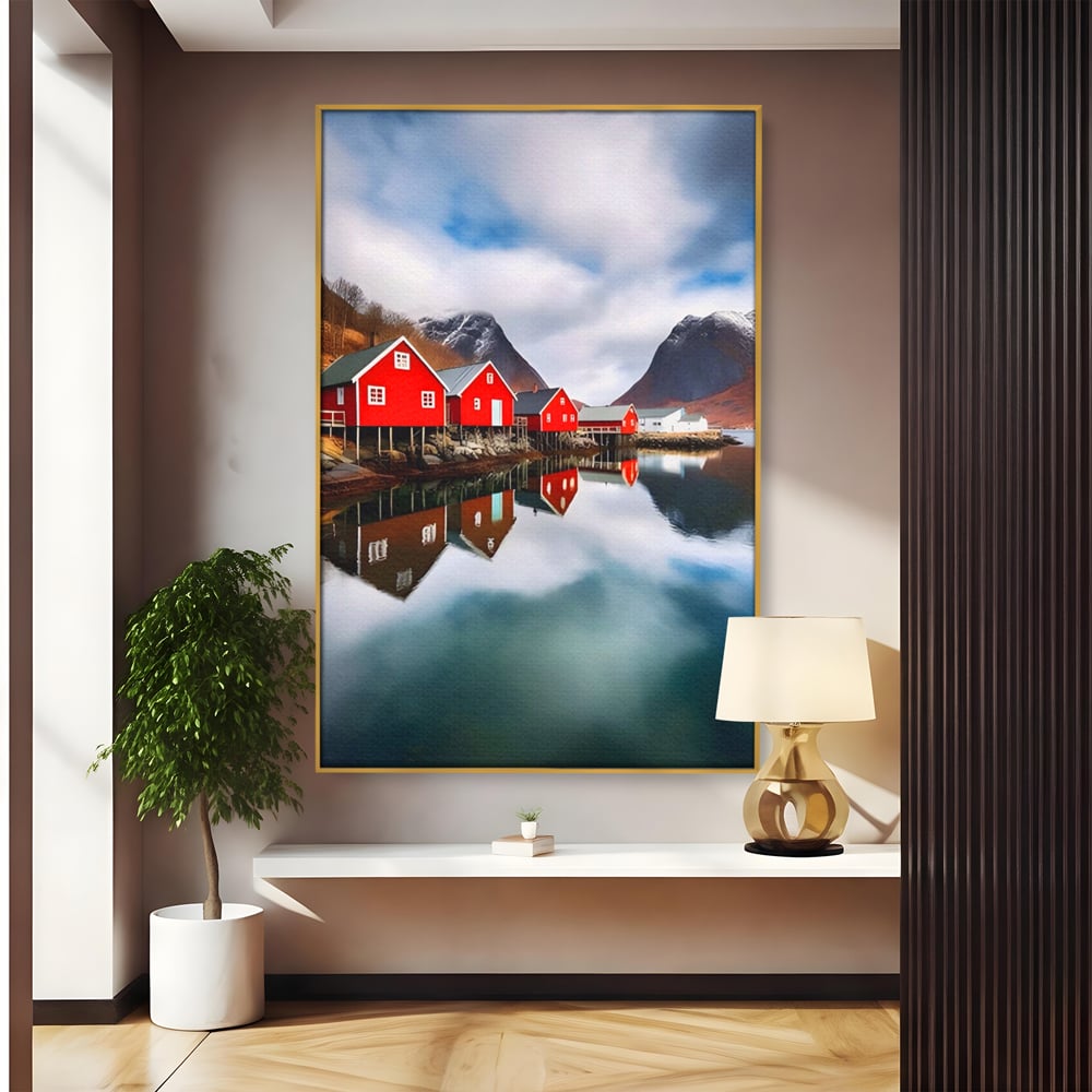 Tablou canvas cu tablou canvas cu cabane rosii, in rama de aluminiu auriu