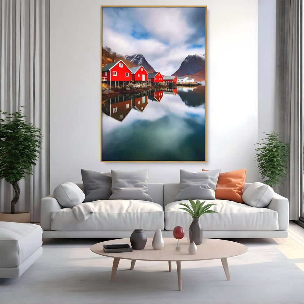 Tablou canvas cu tablou canvas cu cabane rosii, in rama de aluminiu auriu, pe perete intr-un living
