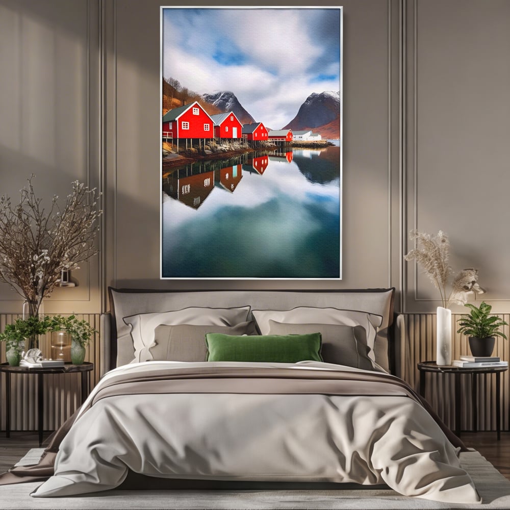 Tablou canvas cu tablou canvas cu cabane rosii, in rama de aluminiu argintiu, pe perete intr-un dormitor