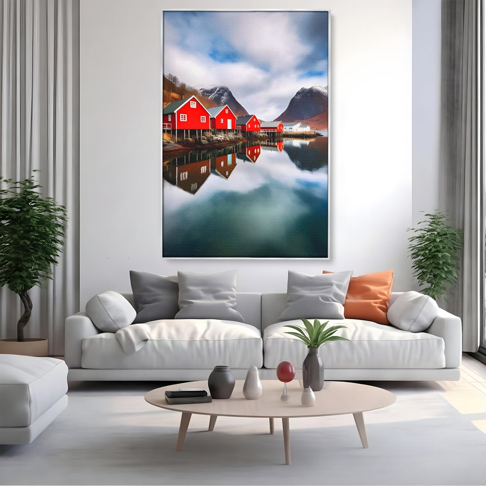 Tablou canvas cu tablou canvas cu cabane rosii, in rama de aluminiu argintiu, pe perete intr-un living