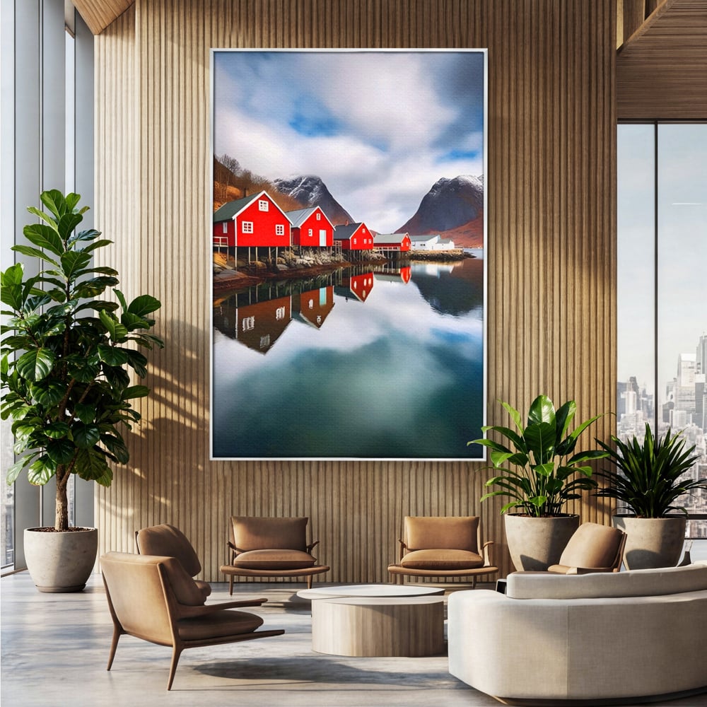 Tablou canvas cu tablou canvas cu cabane rosii, in rama de aluminiu argintiu, pe perete intr-un birou