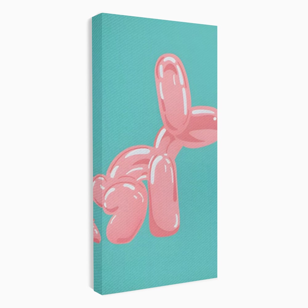 Tablou canvas cu ilustratie caine balon roz, fara rama, pe sasiu de lemn