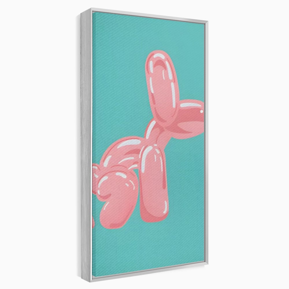 Tablou canvas cu ilustratie caine balon roz, in rama de aluminiu argintiu