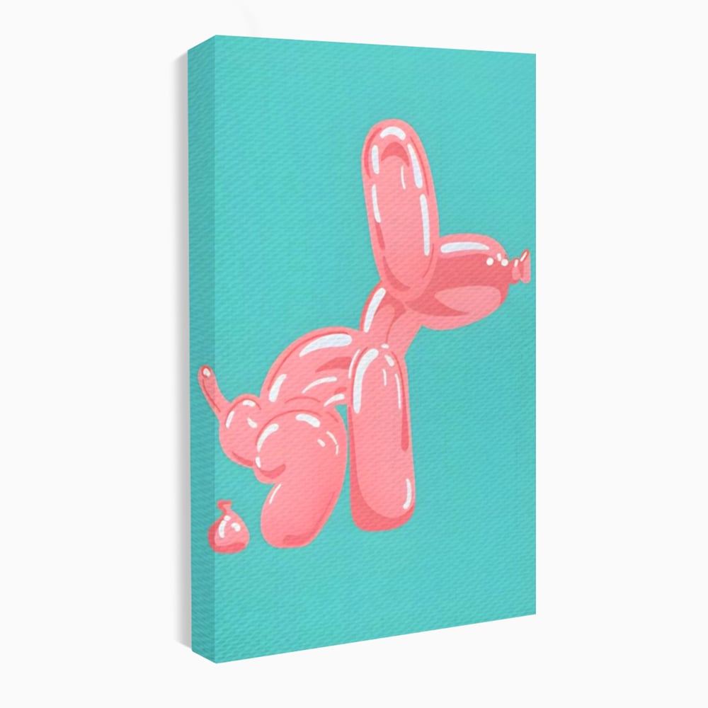 Tablou canvas cu ilustratie caine balon roz, fara rama, pe sasiu de lemn