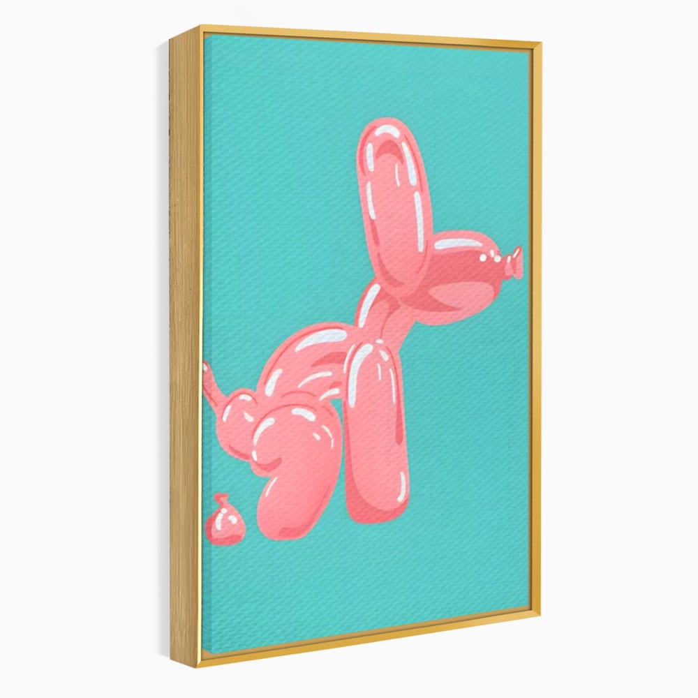 Tablou canvas cu ilustratie caine balon roz, in rama de aluminiu auriu