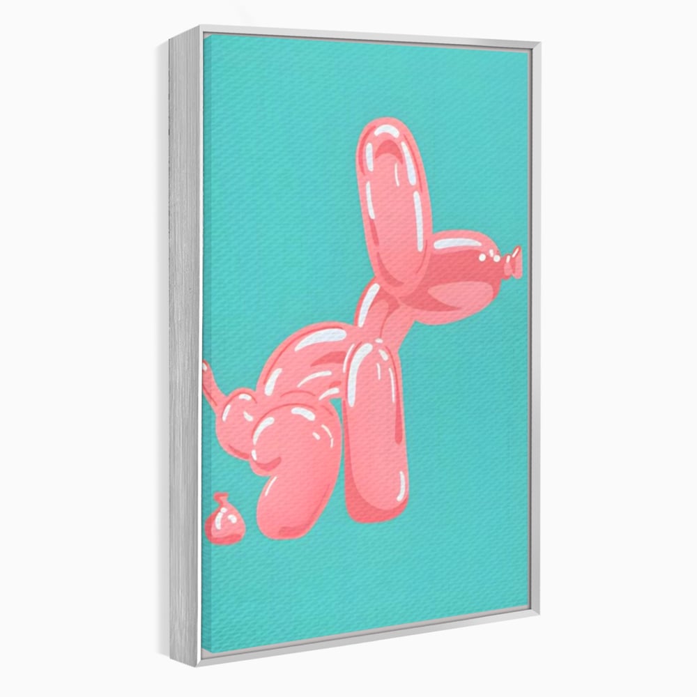 Tablou canvas cu ilustratie caine balon roz, in rama de aluminiu argintiu