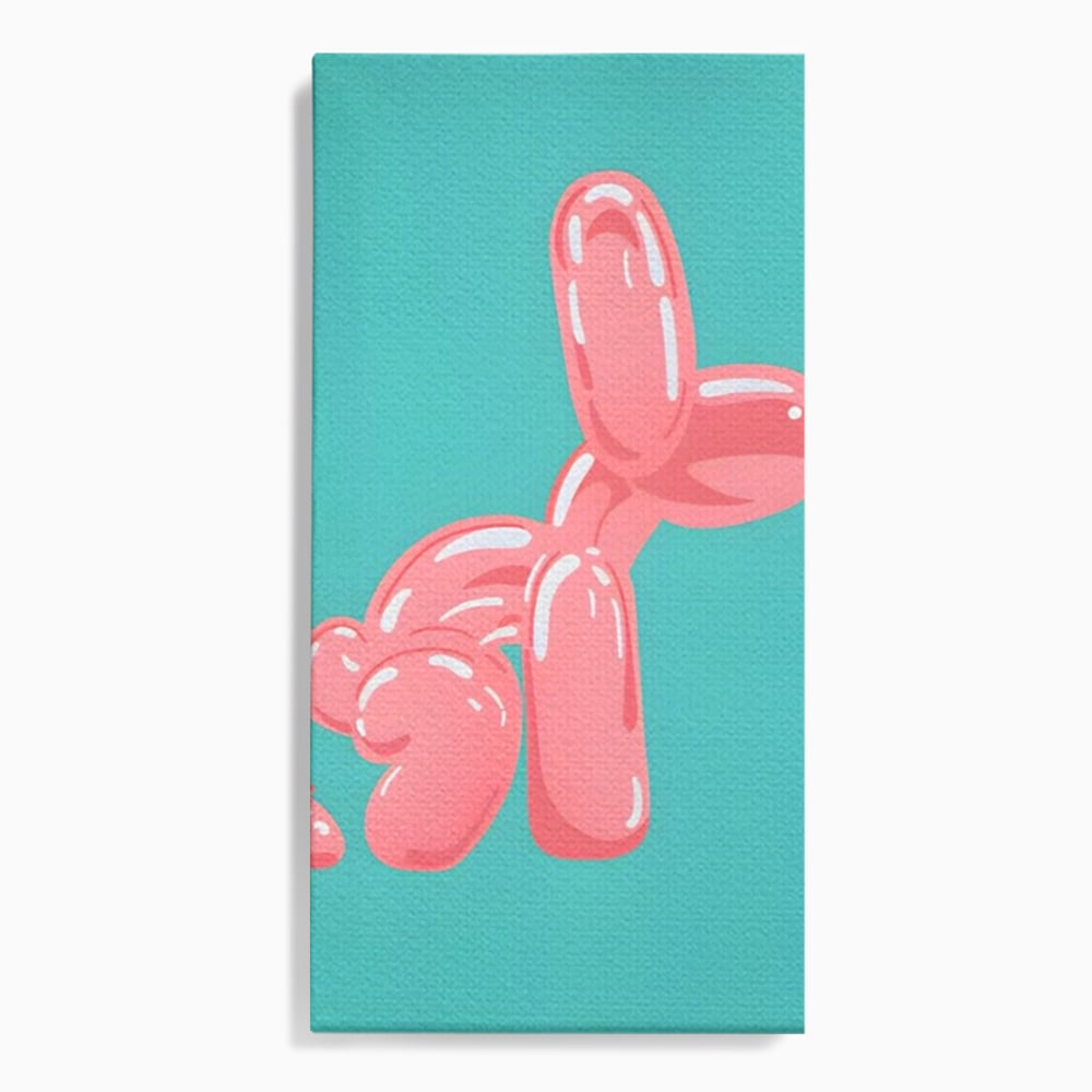Tablou canvas cu ilustratie caine balon roz, fara rama, pe sasiu de lemn