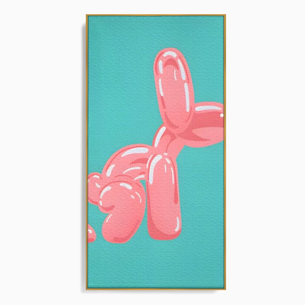 Tablou canvas cu ilustratie caine balon roz, in rama de aluminiu auriu