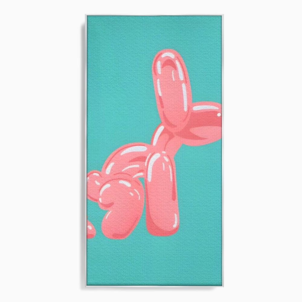 Tablou canvas cu ilustratie caine balon roz, in rama de aluminiu argintiu