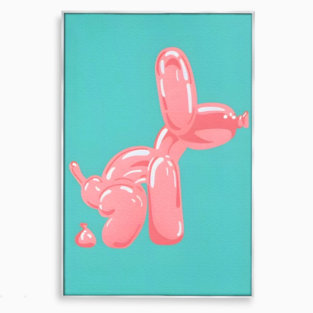Tablou canvas cu ilustratie caine balon roz, in rama de aluminiu argintiu