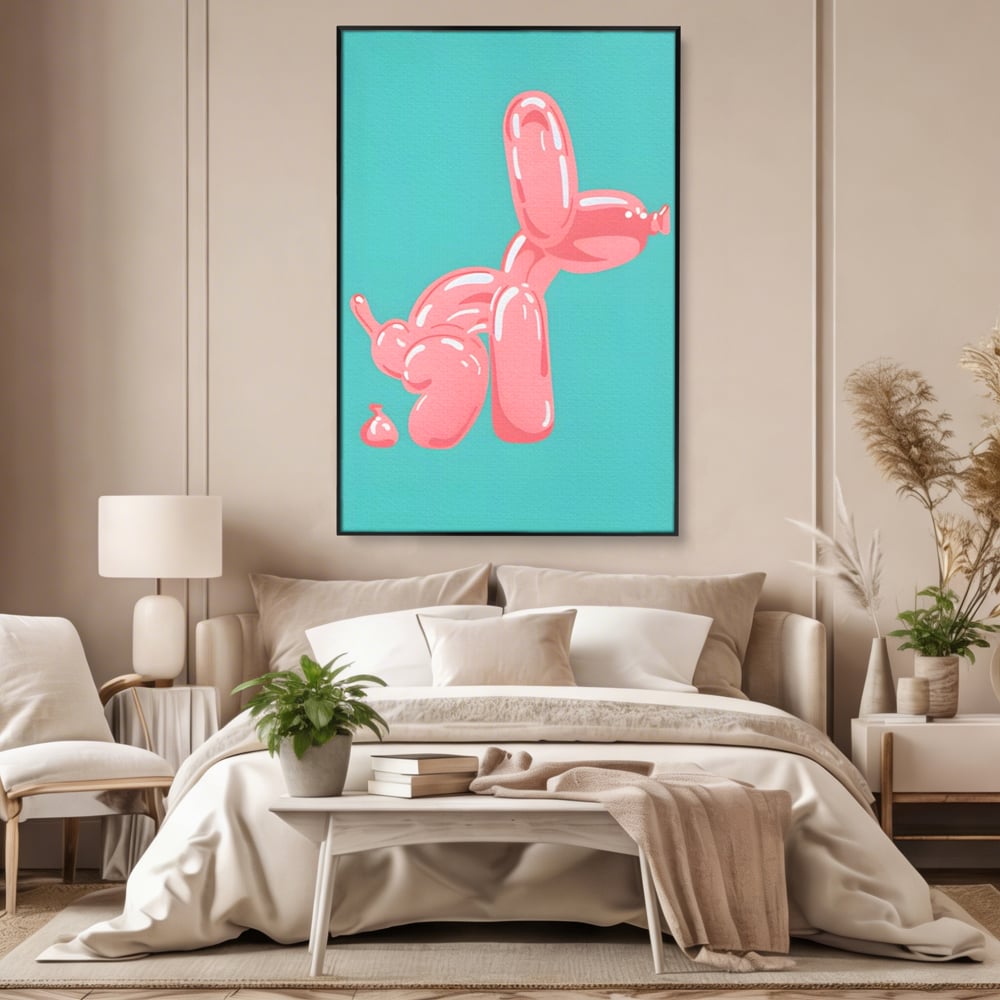 Tablou canvas cu ilustratie caine balon roz, in rama de aluminiu negru, pe perete intr-un dormitor