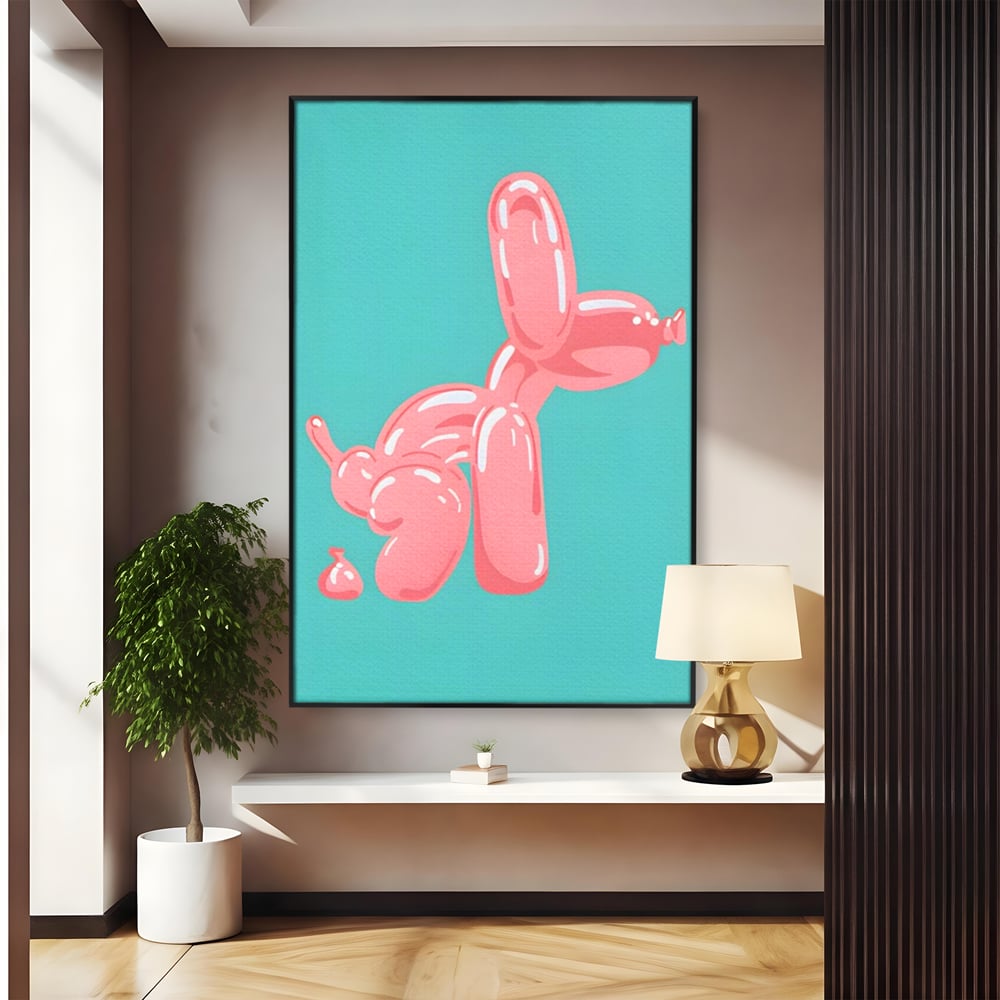 Tablou canvas cu ilustratie caine balon roz, in rama de aluminiu negru