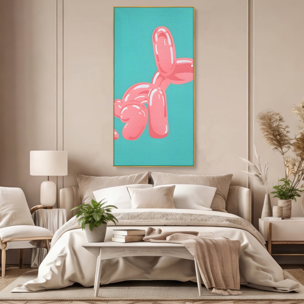 Tablou canvas cu ilustratie caine balon roz, in rama de aluminiu auriu, pe perete intr-un dormitor