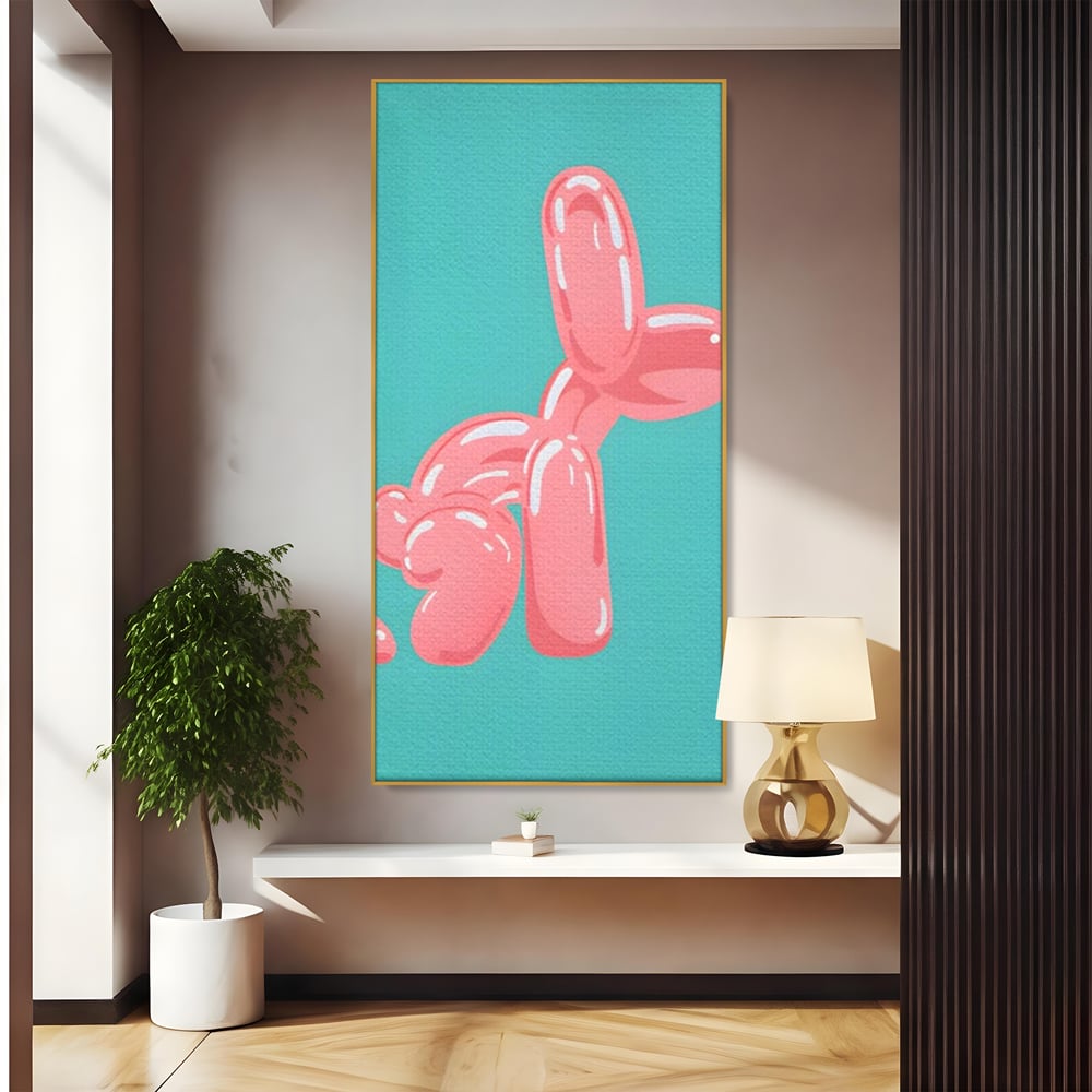 Tablou canvas cu ilustratie caine balon roz, in rama de aluminiu auriu