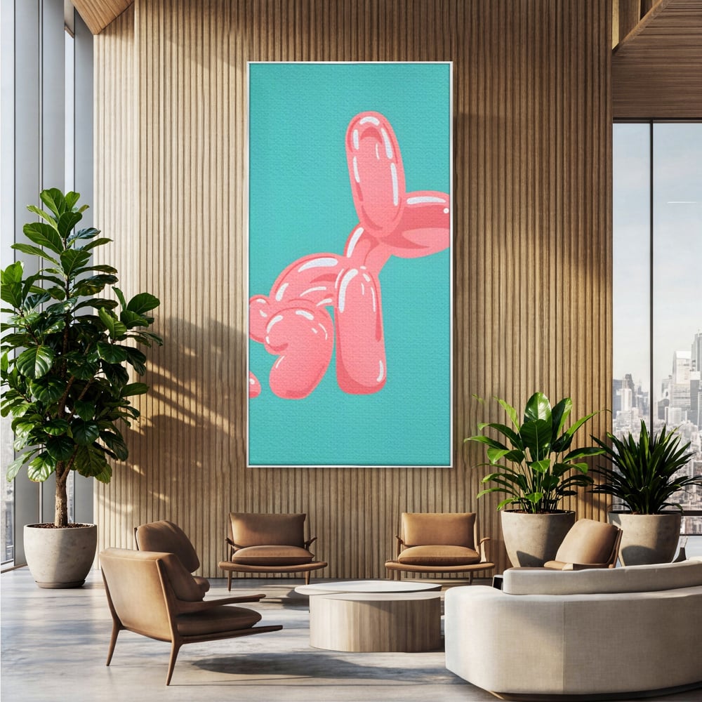 Tablou canvas cu ilustratie caine balon roz, in rama de aluminiu argintiu, pe perete intr-un birou