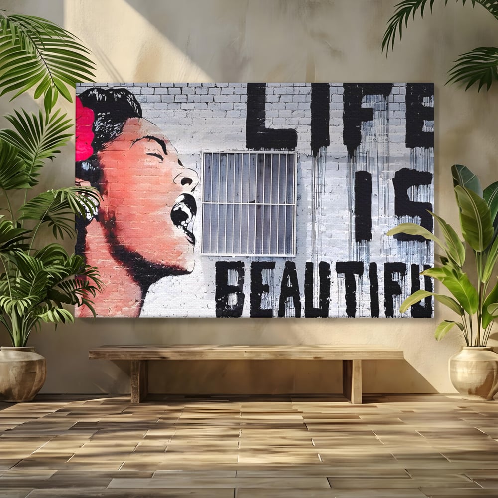 Tablou canvas cu tablou canvas cu femeie si graffiti, fara rama, pe sasiu de lemn