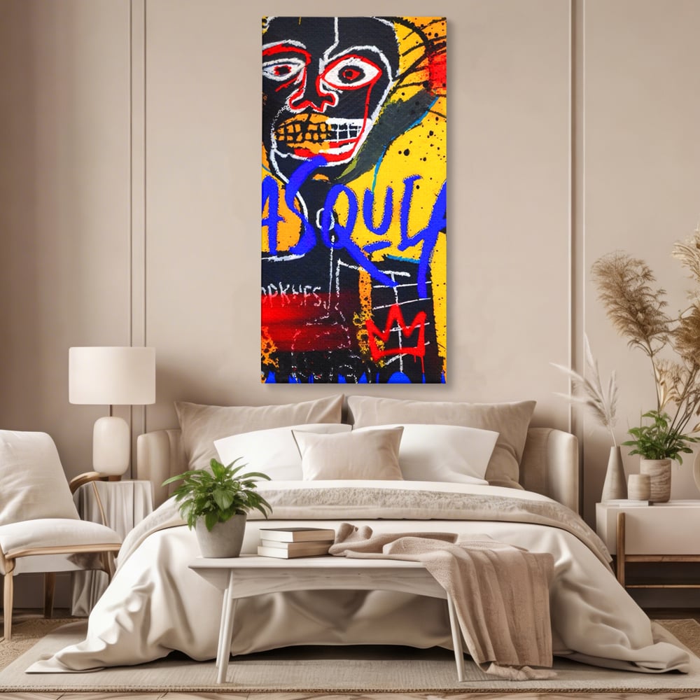 Tablou canvas cu tablou canvas cu portret stil graffiti, fara rama, pe sasiu de lemn, pe perete intr-un dormitor