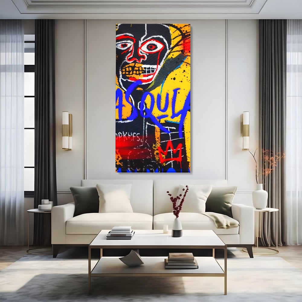 Tablou canvas cu tablou canvas cu portret stil graffiti, fara rama, pe sasiu de lemn, pe perete intr-un living