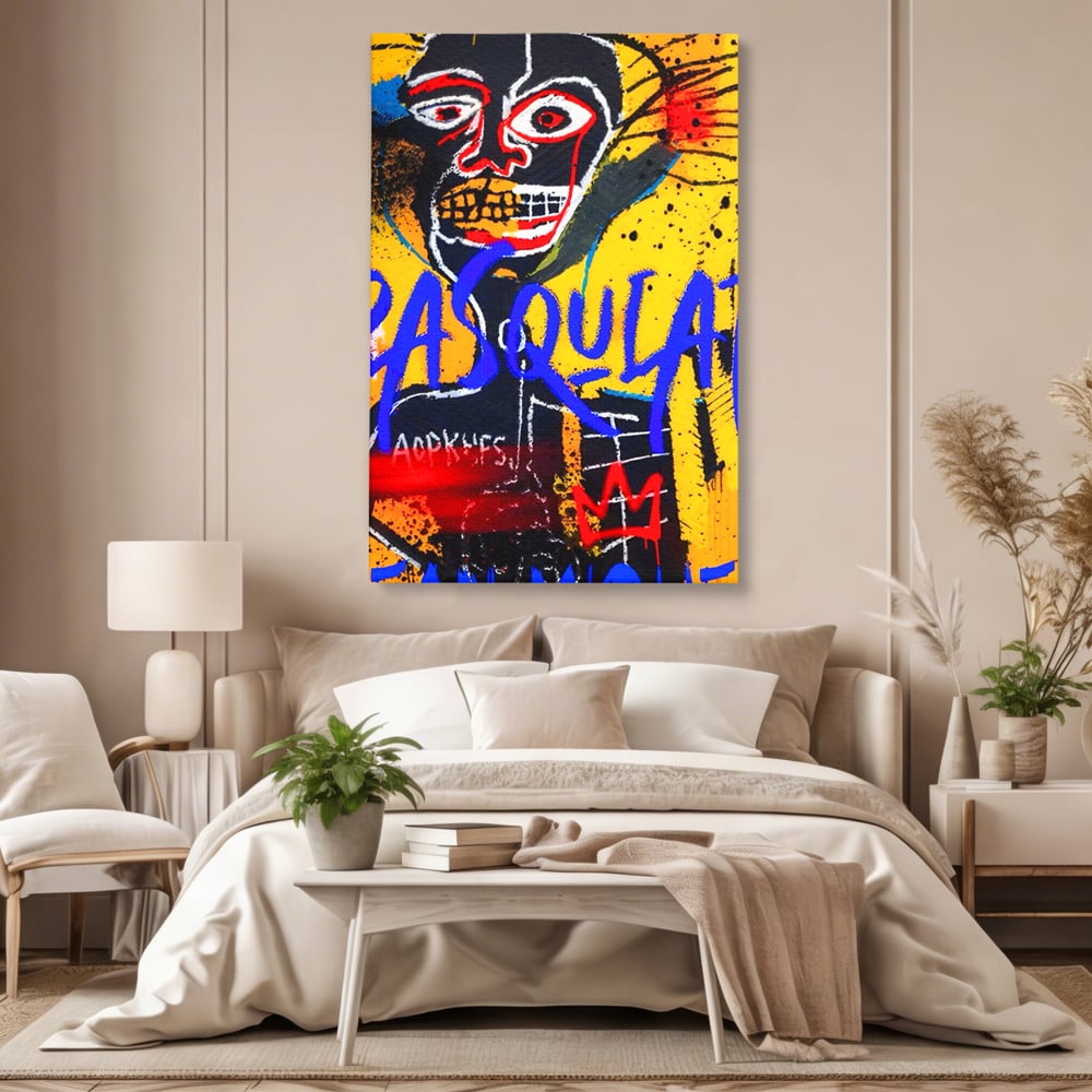 Tablou canvas cu tablou canvas cu portret stil graffiti, fara rama, pe sasiu de lemn, pe perete intr-un dormitor