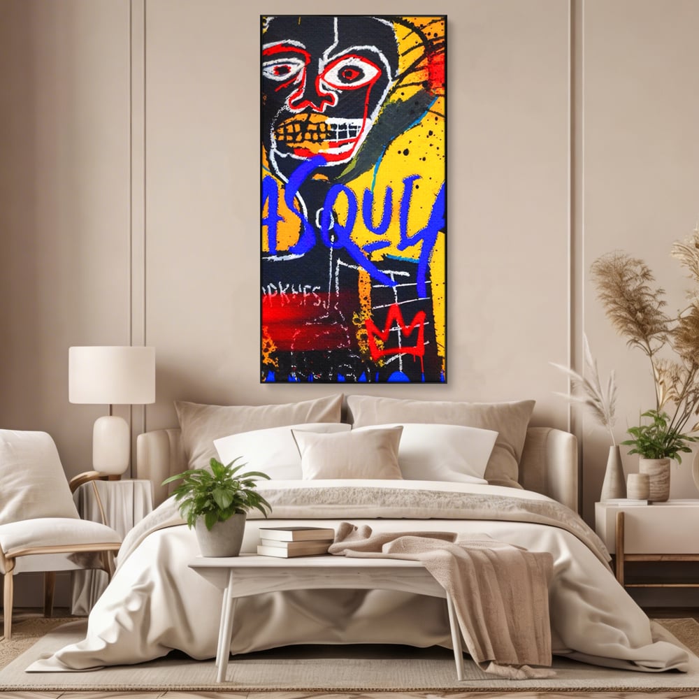 Tablou canvas cu tablou canvas cu portret stil graffiti, in rama de aluminiu negru, pe perete intr-un dormitor