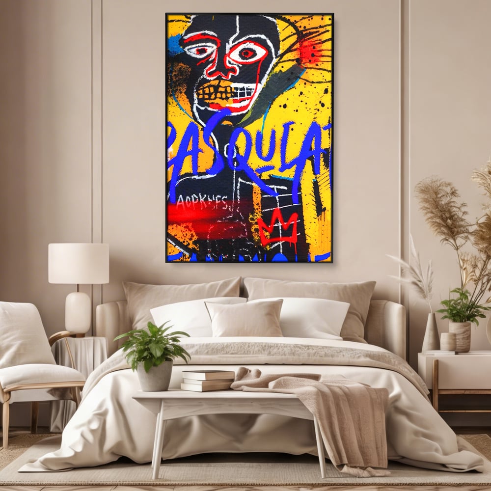 Tablou canvas cu tablou canvas cu portret stil graffiti, in rama de aluminiu negru, pe perete intr-un dormitor