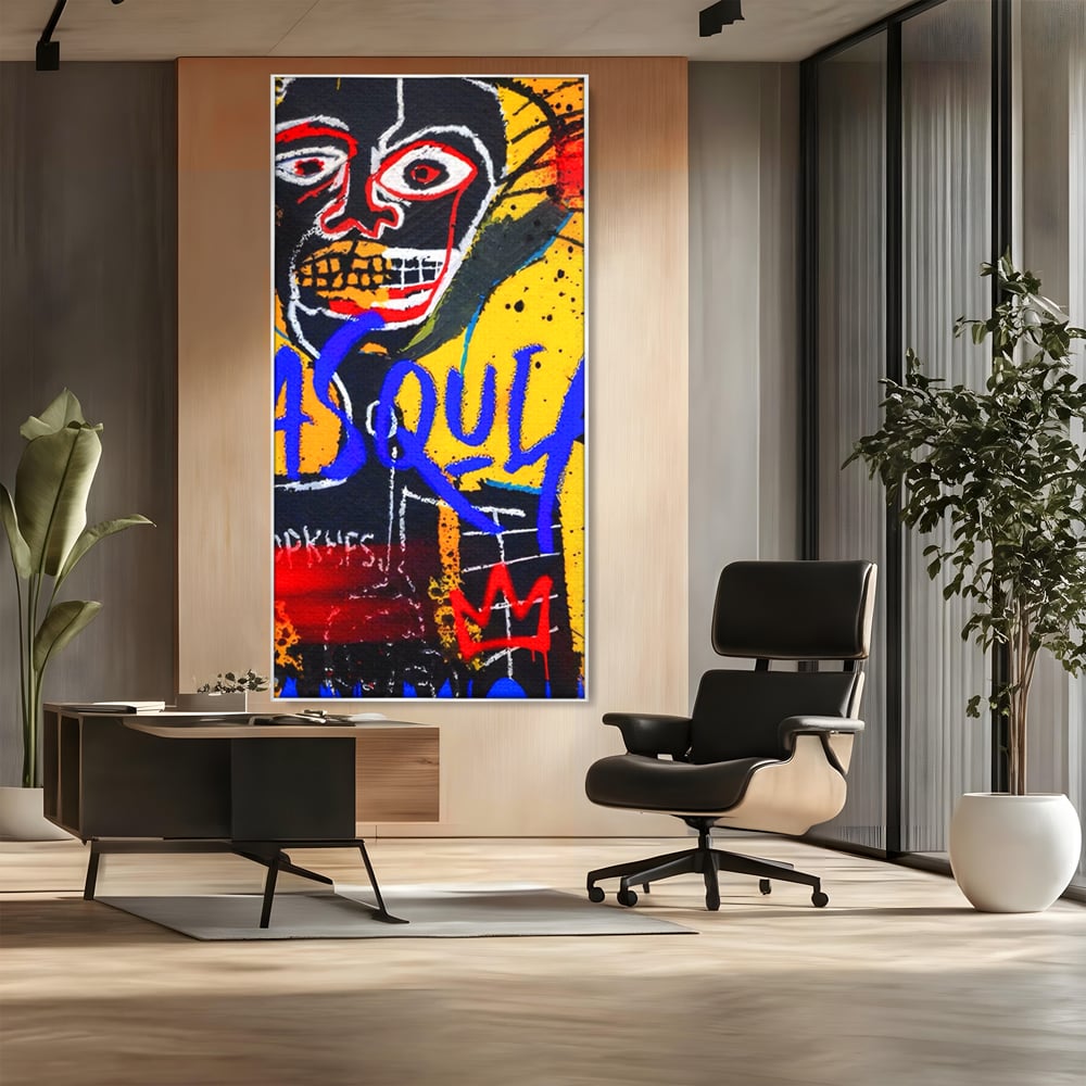 Tablou canvas cu tablou canvas cu portret stil graffiti, in rama de aluminiu argintiu, pe perete intr-un birou