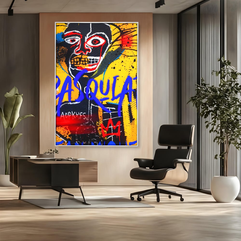 Tablou canvas cu tablou canvas cu portret stil graffiti, in rama de aluminiu argintiu, pe perete intr-un birou