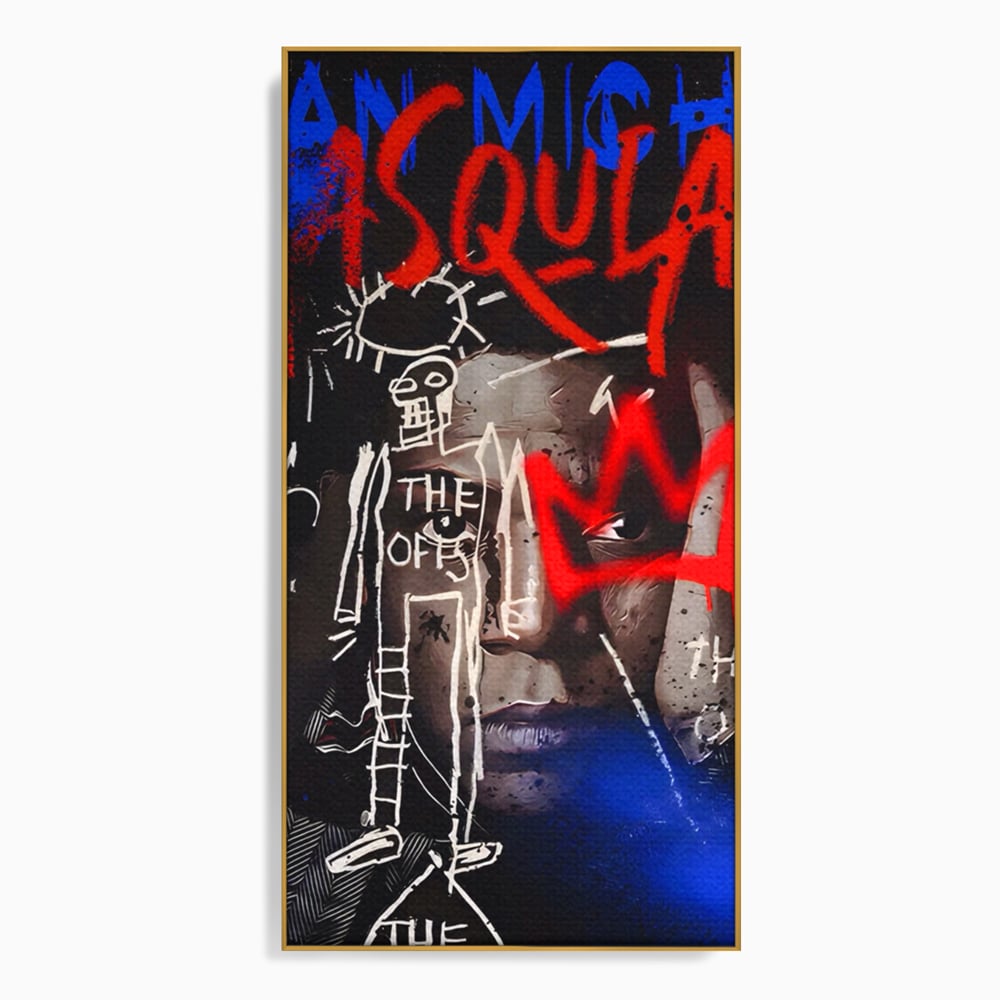 Tablou canvas cu tablou canvas cu portret stil graffiti, in rama de aluminiu auriu