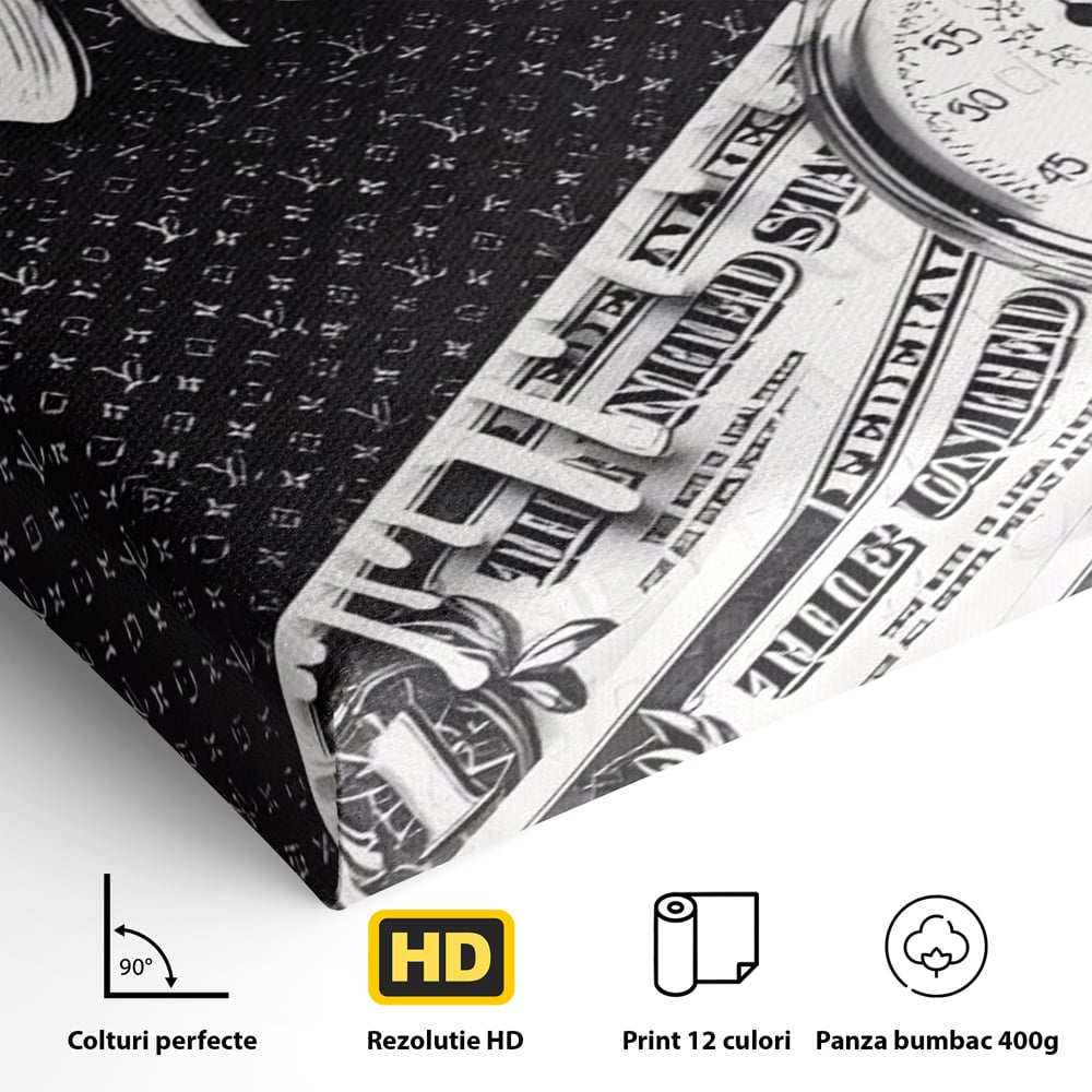 Detaliu al suprafetei: tablou motivational cu bani si ceas, fara rama, pe sasiu de lemn