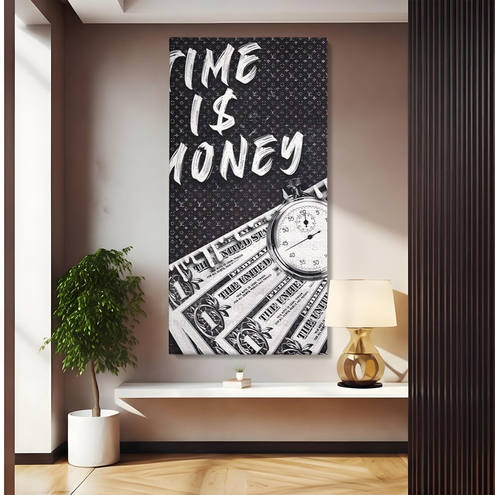 Tablou canvas cu tablou motivational cu bani si ceas, fara rama, pe sasiu de lemn