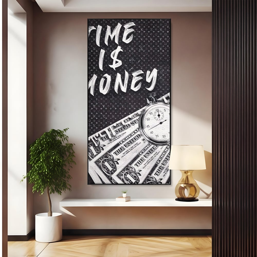 Tablou canvas cu tablou motivational cu bani si ceas, in rama de aluminiu negru